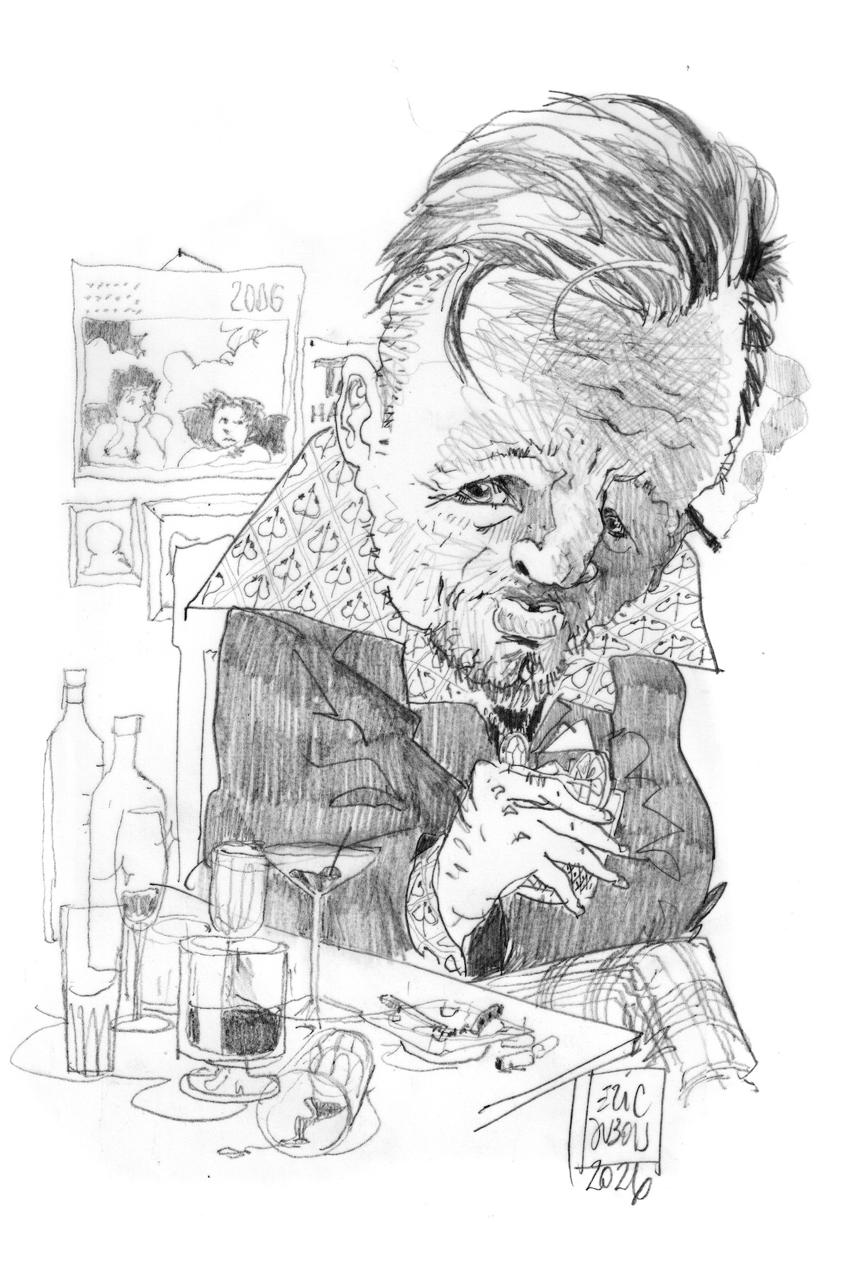 Pencil sketch of Paddy Morgan, curled over a cocktail in a whisky tumbler, further drinks and an ashtray besides him – large collars sticking out over his jacket.