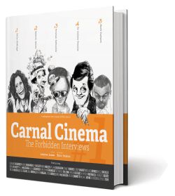 Carnal Cinema book cover, stood upright - five illustrated cartoons on top.