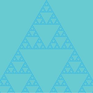 A fractal triangle known as Sierpinski triangle on a teal background.
