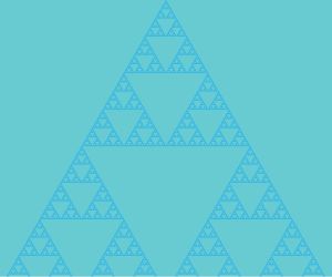 A fractal triangle known as Sierpinski triangle on a teal background.