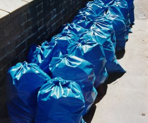 A line of blue refuse bags filled with empty bottles line up outside a student flat. Photo: Elio España